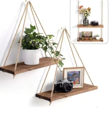 1PC Wooden Swing Hanging Hemp Rope Wall Shelve Mounted Floating Home Living Room Plant Flower Pot Tray Storage Garden Decoration
