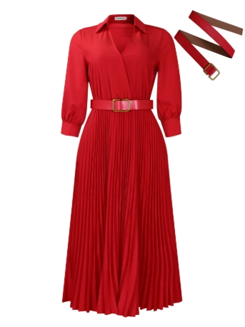Mlaiscsr Gowns African Pleated White Dresses With Belt for Women 3/4 Sleeve V-neck Elegant Office Lady Work Party Evening Robe