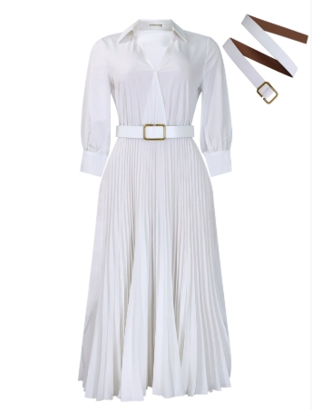 Mlaiscsr Gowns African Pleated White Dresses With Belt for Women 3/4 Sleeve V-neck Elegant Office Lady Work Party Evening Robe