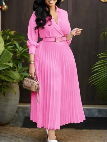 Mlaiscsr Gowns African Pleated White Dresses With Belt for Women 3/4 Sleeve V-neck Elegant Office Lady Work Party Evening Robe