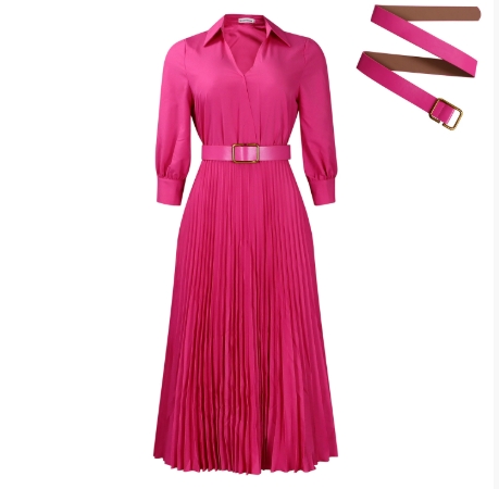 Mlaiscsr Gowns African Pleated White Dresses With Belt for Women 3/4 Sleeve V-neck Elegant Office Lady Work Party Evening Robe