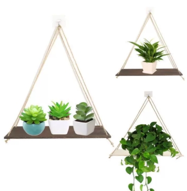 1PC Wooden Swing Hanging Hemp Rope Wall Shelve Mounted Floating Home Living Room Plant Flower Pot Tray Storage Garden Decoration