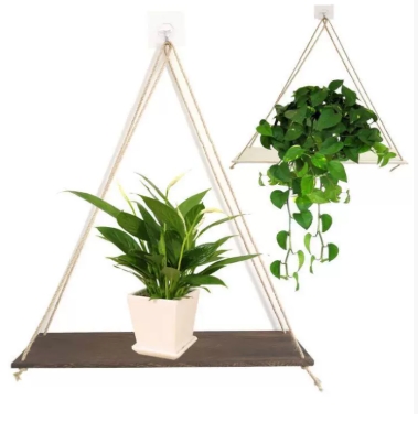 1PC Wooden Swing Hanging Hemp Rope Wall Shelve Mounted Floating Home Living Room Plant Flower Pot Tray Storage Garden Decoration