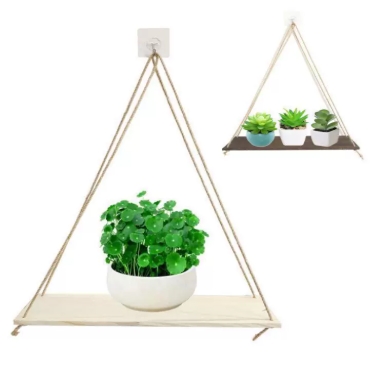 1PC Wooden Swing Hanging Hemp Rope Wall Shelve Mounted Floating Home Living Room Plant Flower Pot Tray Storage Garden Decoration