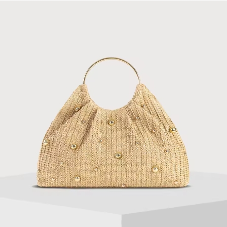 Summer Hand-woven Straw Bag Women Hollowed-Out Metal Round Handle Clutch Purse Bead Decoration Cloud Handbag Travel Beach Totes