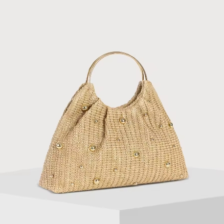 Summer Hand-woven Straw Bag Women Hollowed-Out Metal Round Handle Clutch Purse Bead Decoration Cloud Handbag Travel Beach Totes