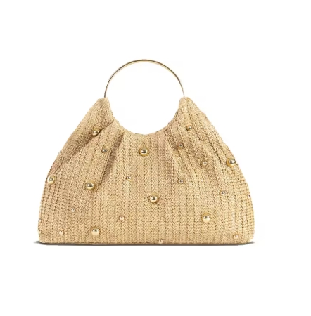 Summer Hand-woven Straw Bag Women Hollowed-Out Metal Round Handle Clutch Purse Bead Decoration Cloud Handbag Travel Beach Totes