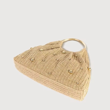 Summer Hand-woven Straw Bag Women Hollowed-Out Metal Round Handle Clutch Purse Bead Decoration Cloud Handbag Travel Beach Totes