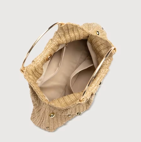Summer Hand-woven Straw Bag Women Hollowed-Out Metal Round Handle Clutch Purse Bead Decoration Cloud Handbag Travel Beach Totes