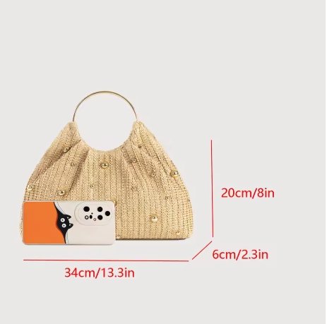 Summer Hand-woven Straw Bag Women Hollowed-Out Metal Round Handle Clutch Purse Bead Decoration Cloud Handbag Travel Beach Totes
