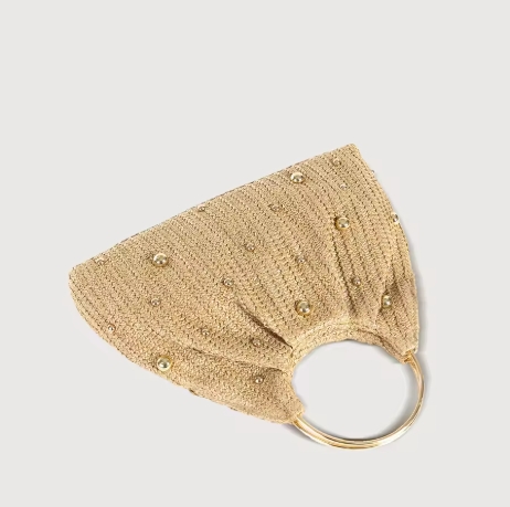 Summer Hand-woven Straw Bag Women Hollowed-Out Metal Round Handle Clutch Purse Bead Decoration Cloud Handbag Travel Beach Totes