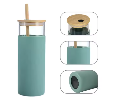 500ML BPA-Free Glass Tumbler Glass Water Bottle Glass Travel Cup with Silicone Protective Sleeve Bamboo Lid and Straw