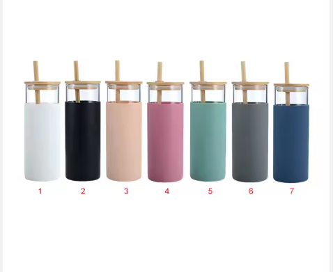 500ML BPA-Free Glass Tumbler Glass Water Bottle Glass Travel Cup with Silicone Protective Sleeve Bamboo Lid and Straw