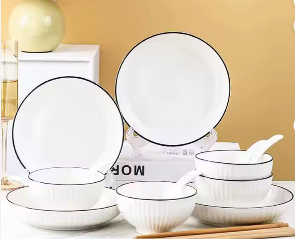 Japanese Yamada Ceramic Bowl Plate Set High-Value Double Tableware with Ins Vertical Pattern  Household Use Dish Set