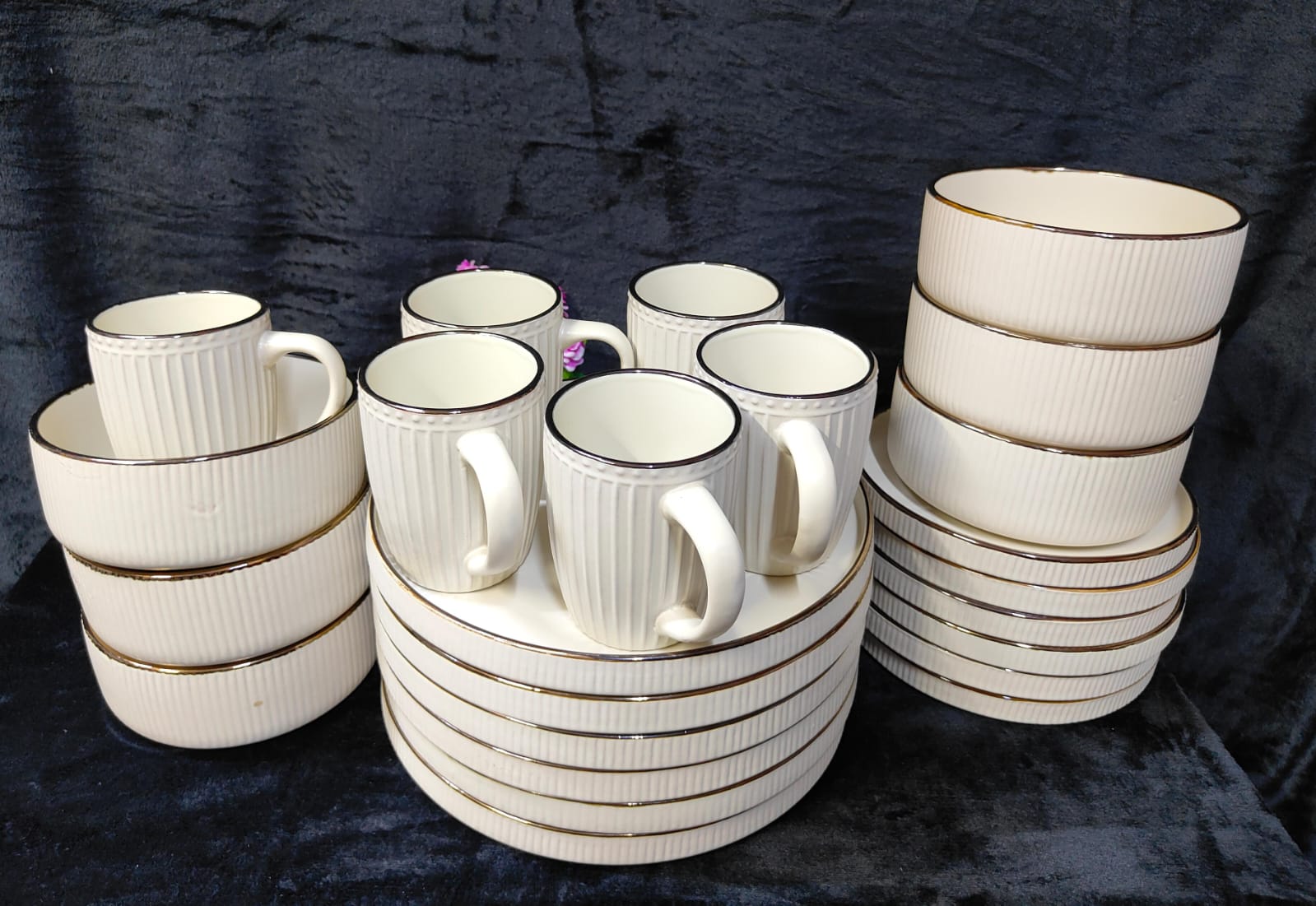 Japanese Yamada Ceramic Bowl Plate Set High-Value Double Tableware with Ins Vertical Pattern  Household Use Dish Set
