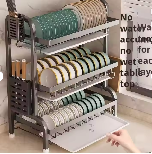 Multifunctional Carbon Steel Kitchen Countertop Organizer Double Layer Dish Storage Rack Chopstick Box Dinnerware Household