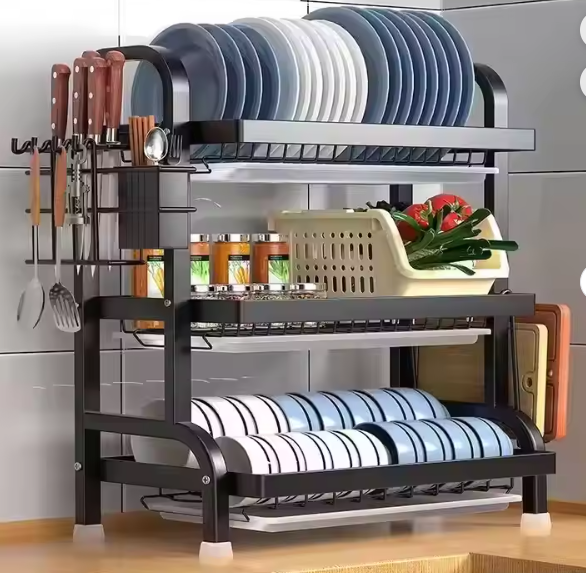 Multifunctional Carbon Steel Kitchen Countertop Organizer Double Layer Dish Storage Rack Chopstick Box Dinnerware Household