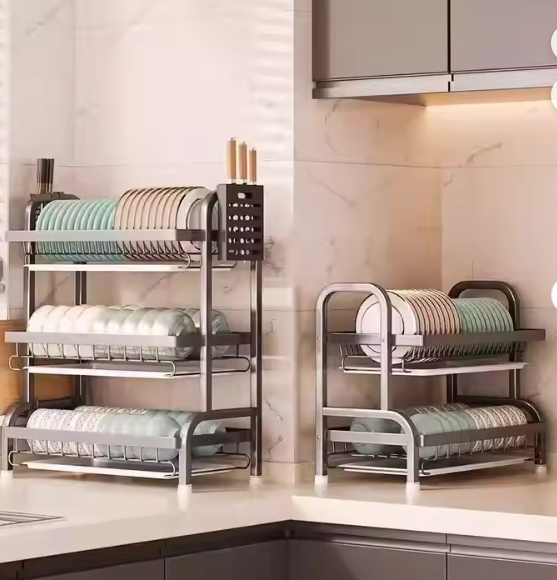 Multifunctional Carbon Steel Kitchen Countertop Organizer Double Layer Dish Storage Rack Chopstick Box Dinnerware Household
