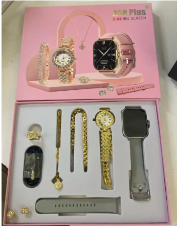Ladies Gift Set | A58 Plus Smart Watch & Jewelry Combo with Interchangeable Straps | Necklace, Bracelet, Ring, Earrings | Black, PPink, Grey