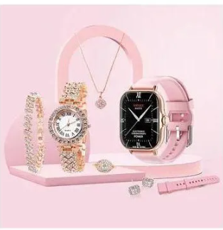 Ladies Gift Set | A58 Plus Smart Watch & Jewelry Combo with Interchangeable Straps | Necklace, Bracelet, Ring, Earrings | Black, PPink, Grey