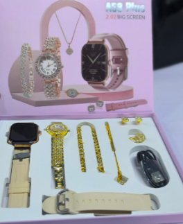 Ladies Gift Set | A58 Plus Smart Watch & Jewelry Combo with Interchangeable Straps | Necklace, Bracelet, Ring, Earrings | Black, PPink, Grey