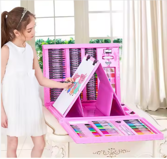 Top Seller Colorful, high quality Pieces Non-Toxic Plastic Case Kids Painting Drawing Art Set Coloring Book Stationery Set with Easel