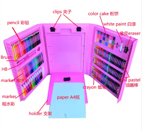 Top Seller Colorful, high quality Pieces Non-Toxic Plastic Case Kids Painting Drawing Art Set Coloring Book Stationery Set with Easel