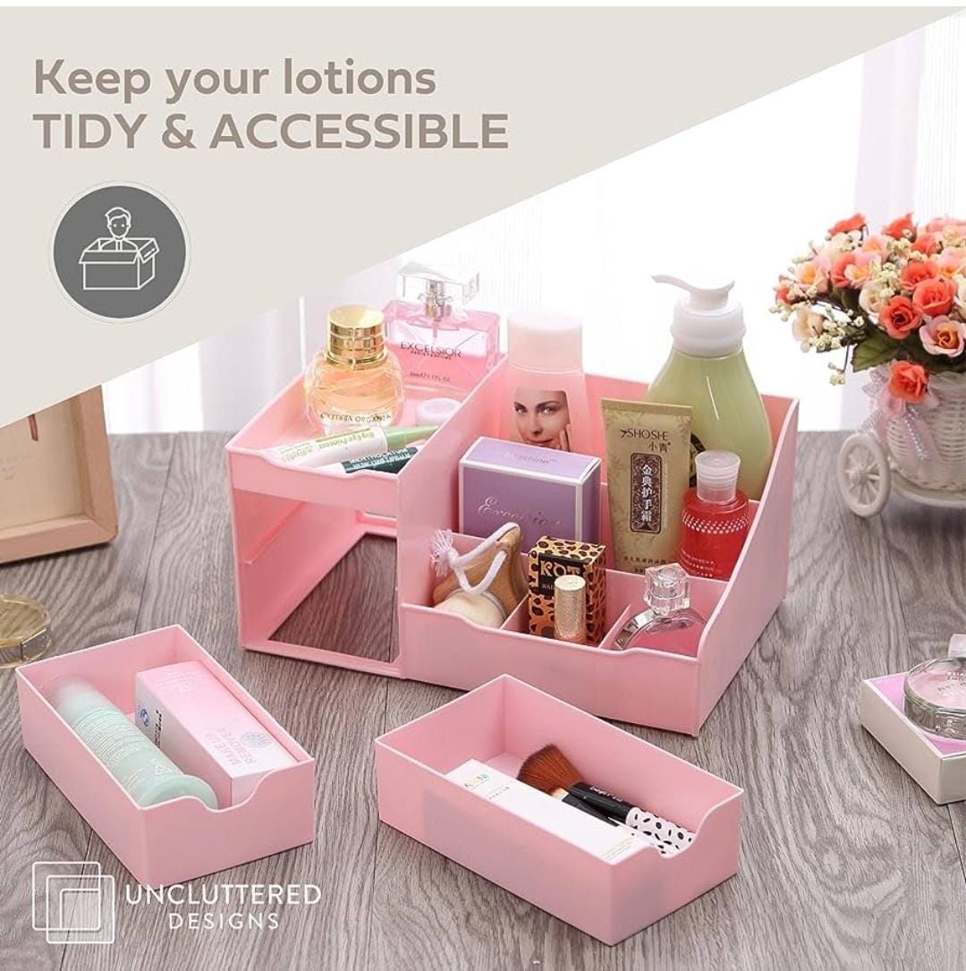 Makeup Organizer Cosmetic Table Organizer Jewelry Storage.Desk makeup organizer with drawer and compartment design, which could hold different items at the same time
Stylish desk organizer, great for