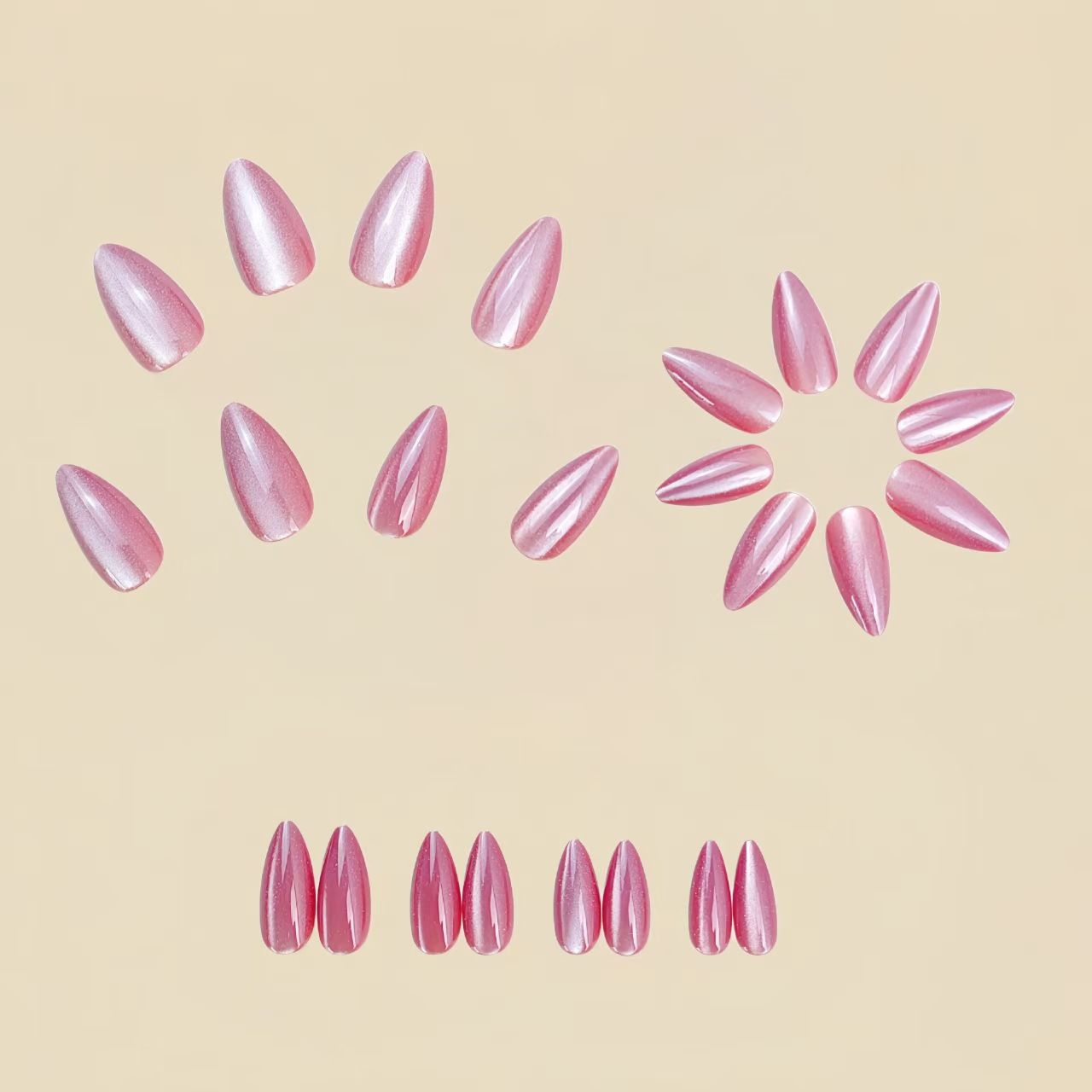 Cat-eye style trendy European and American style round head almond-shaped nail art with pink gradient cat-eye effect. Wearable nail art stickers.