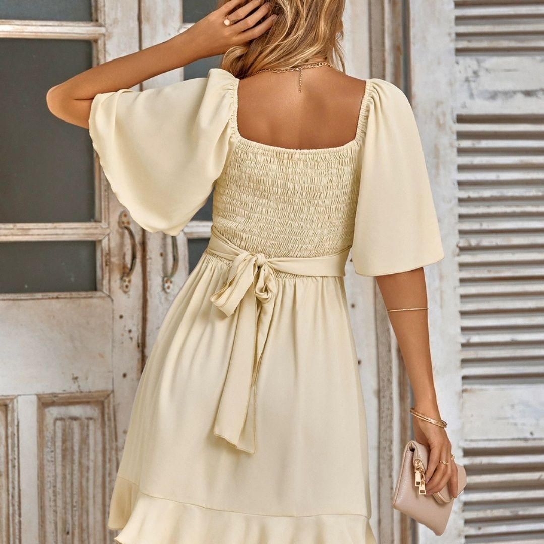 Women's Wrap V Neck Short Flared Sleeve Wedding Guest Dress Smocked Elastic Waist Tiered Belted Ruffle Hem Mini Dress