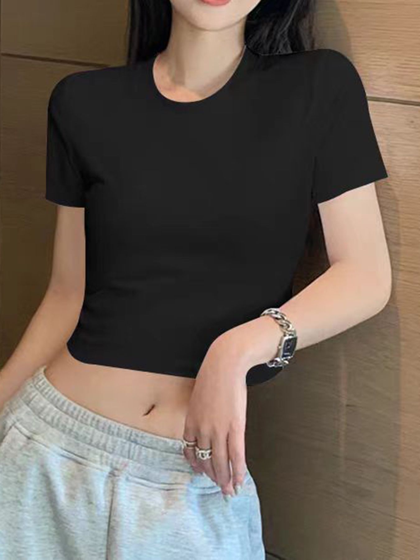 Women's black ice silk top round neck short sleeve high waist slim fit t-shirt Black