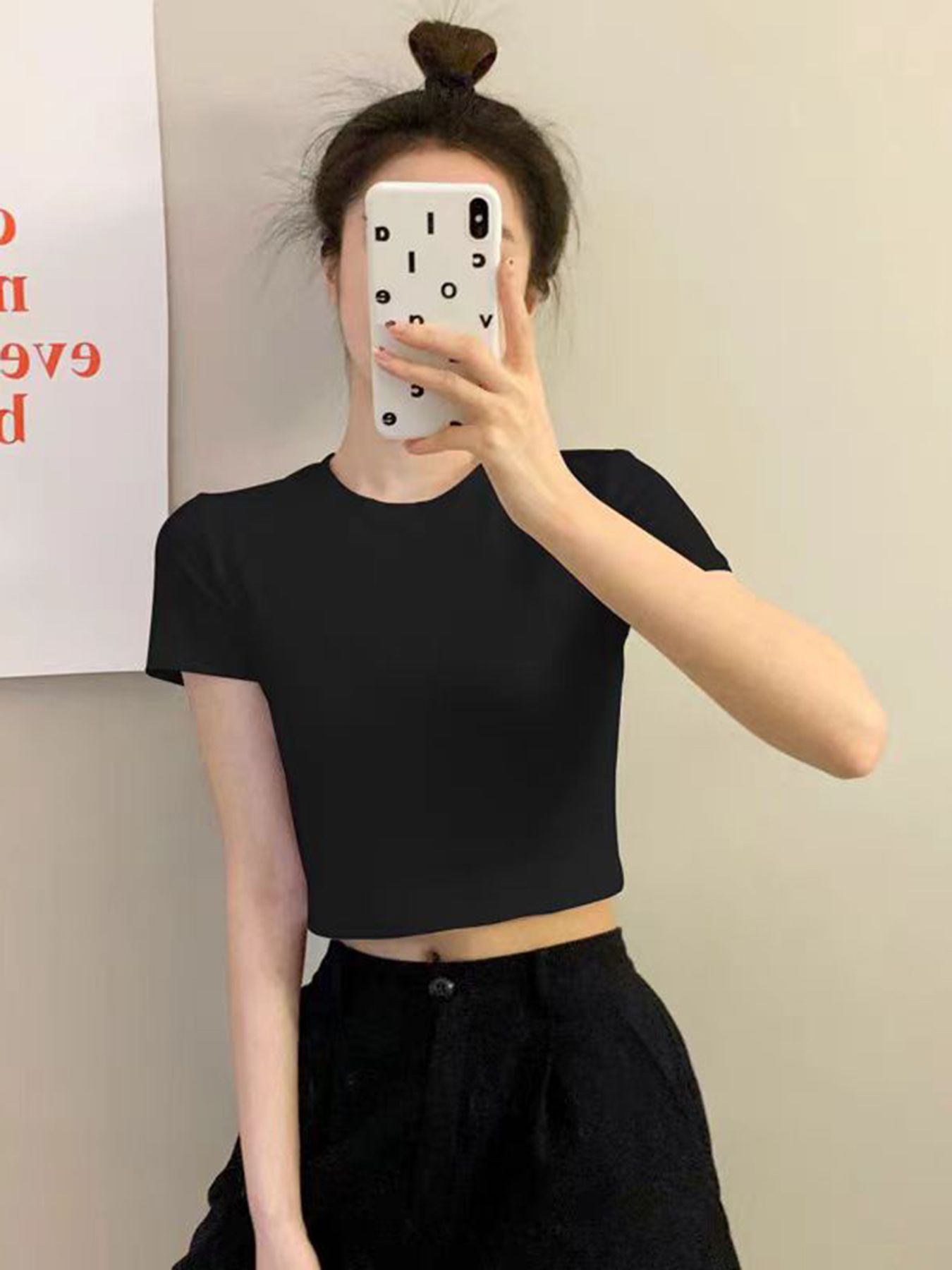 Women's black ice silk top round neck short sleeve high waist slim fit t-shirt Black