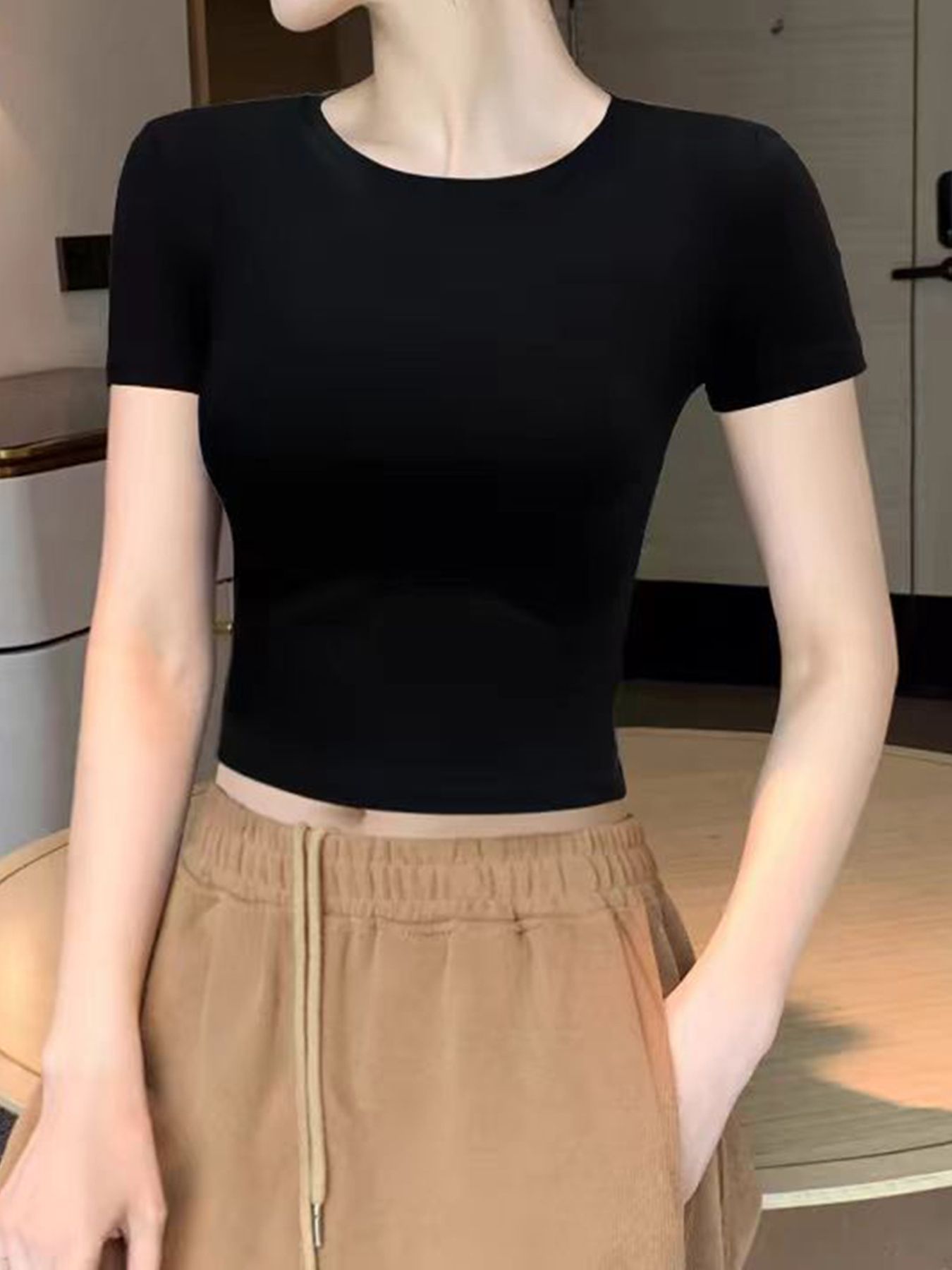 Women's black ice silk top round neck short sleeve high waist slim fit t-shirt Black