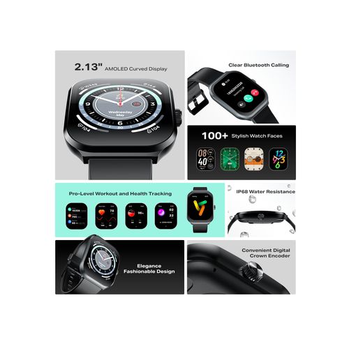 INFINIX  XWATCH 3 PLUS XW3P Smart Watch IP68 Waterproof, 2.13-INCH Amoled Curved Screen Display 7-Day Battery 200 Watch Faces Sports Modes Bluetooth Call Support Health Monitoring
