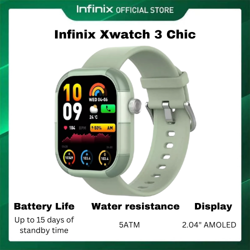 Infinix Xwatch 3 Chic Smartwatch 2.04 Inch Amoled display 300mAh Battery Capacity Clear Bluetooth Calling 7-10 days work time Waterproof IP68 My Health App Digital Crown Wireless Charge