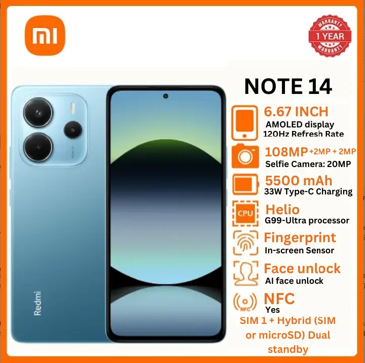 XIAOMI Redmi Note 14 6GB+ 128GB 8GB+256GB 6.67" AMOLED Display 120Hz Refresh rate108MP Camera 5500mAh Battery IP54 Dust and Splash resistant Fingerprint Unlock 33W Fast Charge Smart Phones