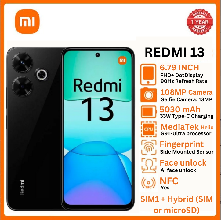 XIAOMI REDMI 13 6GB RAM +128GB ROM 108MP + 2MP Super Clear Main Camera Stylish PHONE  glass back Design 13MP Front Camera 5030mAh type C 33W fast charging 90Hz Refreshment rate SMARTPHONE