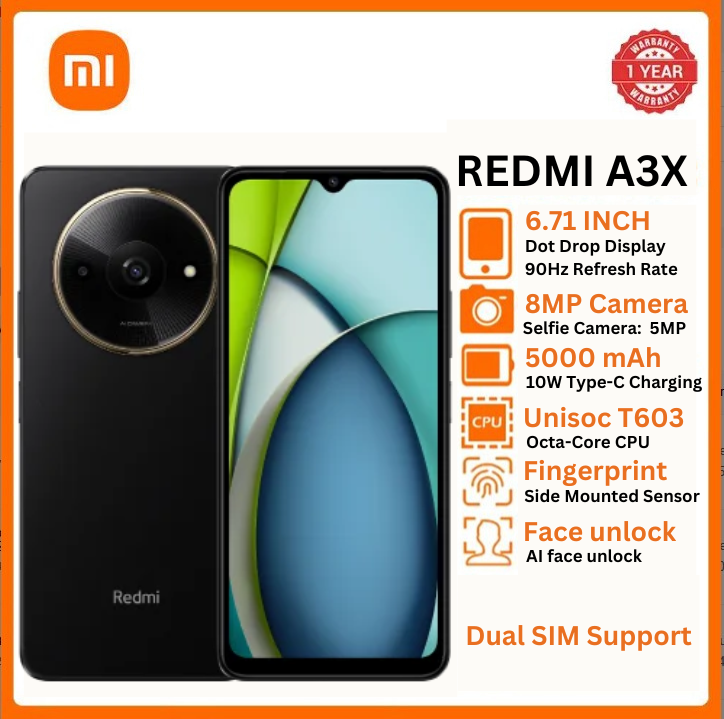 XIAOMI Redmi A3X 6.71"  4GB + 128GB 4G Network 5000mAh Battery 8MP AI Camera 10W Fast Charging Fingerprint Sensor Android 14 Smart Phones