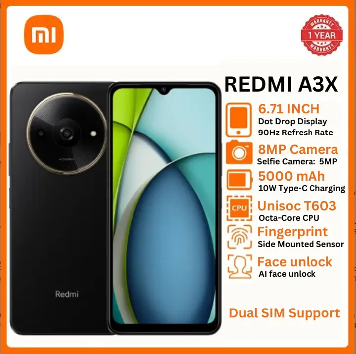 XIAOMI Redmi A3X 6.71"  4GB + 128GB 4G Network 5000mAh Battery 8MP AI Camera 10W Fast Charging Fingerprint Sensor Android 14 Smart Phones