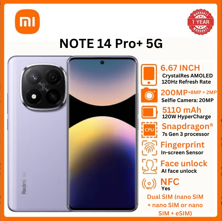 XIAOMI REDMI NOTE 14 Pro+ 5G Smartphone  6.67'' AMOLED  Display  12GB + 512GB ROM 200MP +8MP+2MP Triple Camera 20MP Front Camera Snapdragon 685 5110mAh Battery  Dual SIM PHONE