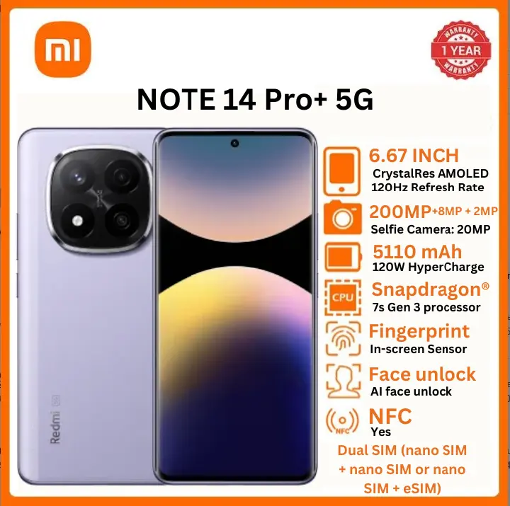 XIAOMI REDMI NOTE 14 Pro+ 5G Smartphone  6.67'' AMOLED  Display  12GB + 512GB ROM 200MP +8MP+2MP Triple Camera 20MP Front Camera Snapdragon 685 5110mAh Battery  Dual SIM PHONE