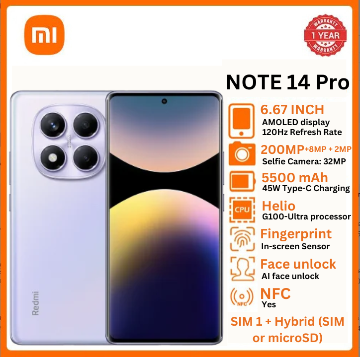 XIAOMI Redmi Note 14 pro  6.67" 8GB RAM + 256GB ROM  12GB RAM + 512GB ROM  Dual SIM 5500mAh 50MP+8MP+2MP Back and 20mp Front Camera Octa-Core Snapdragon 685 Smartphone
