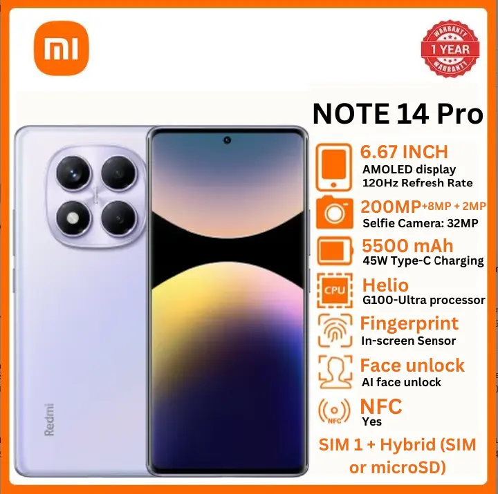 XIAOMI Redmi Note 14 pro  6.67" 8GB RAM + 256GB ROM  12GB RAM + 512GB ROM  Dual SIM 5500mAh 50MP+8MP+2MP Back and 20mp Front Camera Octa-Core Snapdragon 685 Smartphone