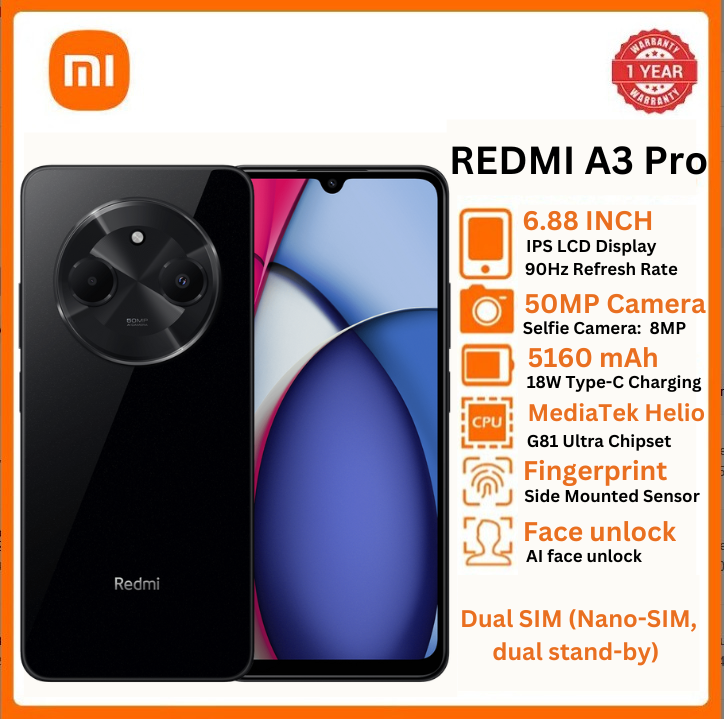 XIAOMI Redmi A3 PRO 6.71" 128GB + 4GB 4G Network 5160mAh Battery 8MP AI Camera 10W Fast Charging Fingerprint Sensor Android 14 Smart Phones
