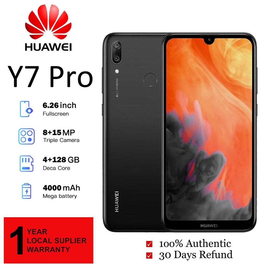 Huawei Y7 Pro  6.26" HD+ Display 4GB RAM + 128GB ROM  13MP+2MP Dual Camera  4000mAh Face Unlock -V Dual SIM 4G Smartphone  touchscreen  Long battery life smartphone Dual camera Smartphonephone