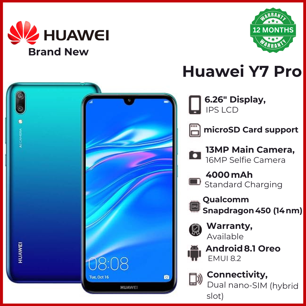 Brand New Huawei Y7 Pro  6.26" HD+ Display 4GB RAM + 128GB ROM 15MP + 8MP Dual Camera  4000mAh Face Unlock Dual SIM Card  4G Smartphone Touchscreen Long-battery-life smartphone Dual camera Smartphone