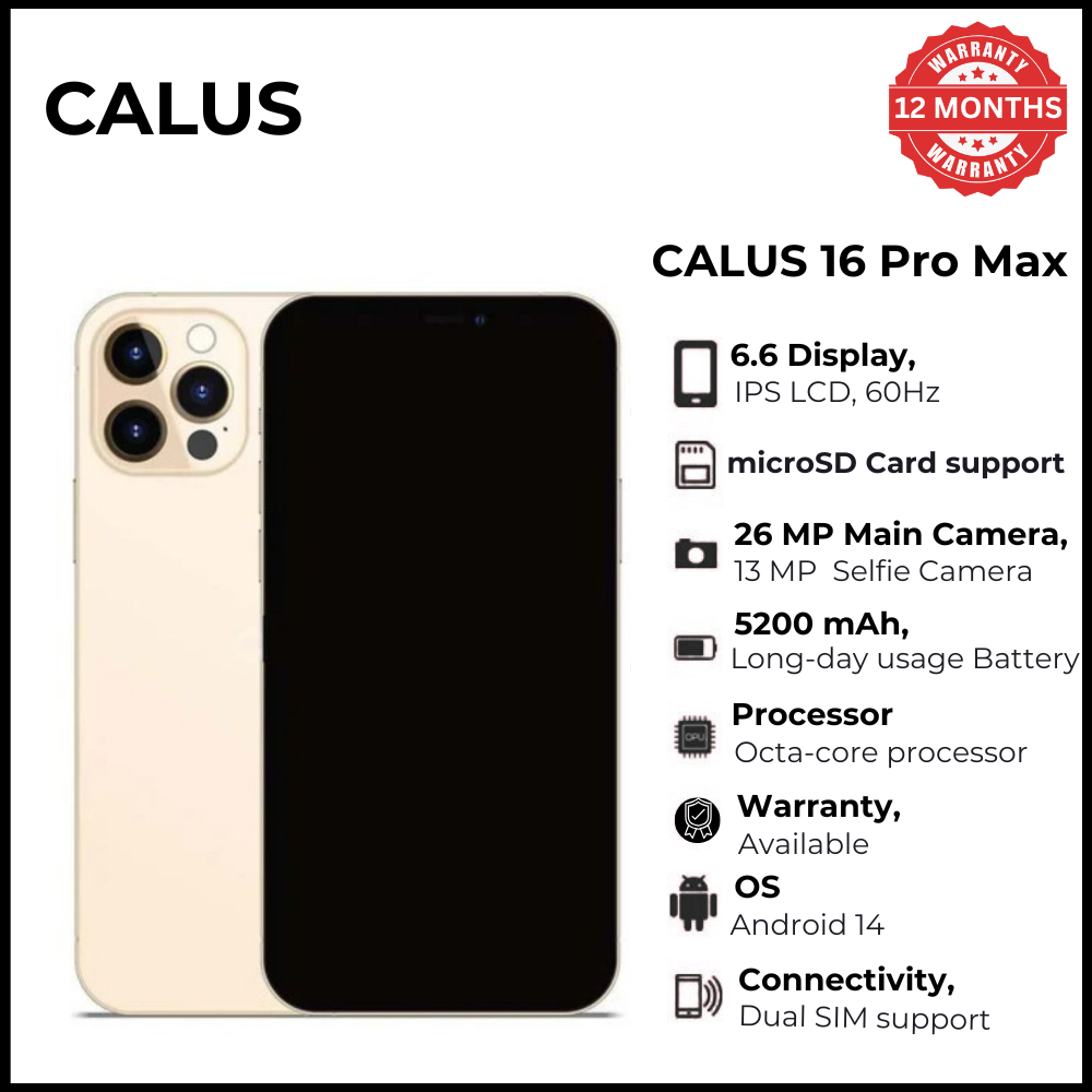 Calus 16 Pro Max Android 14 Smartphone 32GB ROM + 3GB RAM 6.6-inch IPS LCD screen display and 5200mAh battery capacity OCTA-CORE Processor 26MP dual main camera + 13MP Selfie Android Smartphone