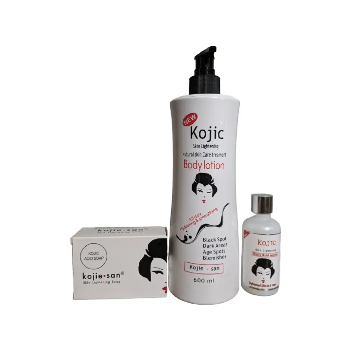 Kojie San Skin Lightening & Brightening Kojic Acid Lotion, Serum & Soap Brightens, Evens Tone, Reduces Dark Spots, Hydrates, Protects, Smooths, Softens