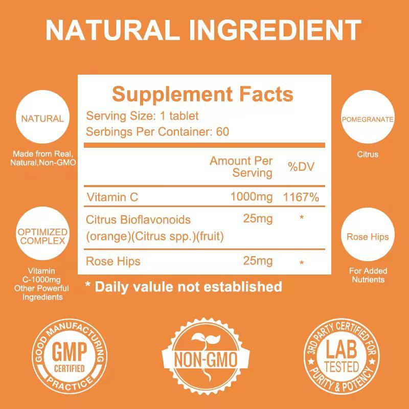 Natural Organic Ascorbic Acid Vegan Chewable Vitamin C Tablets Immune-boosting&antioxidant Tablets Vitamin C 1000mg Tablets for Skin Whitening Chewable Orange Flavor skin Whitening Tablets
