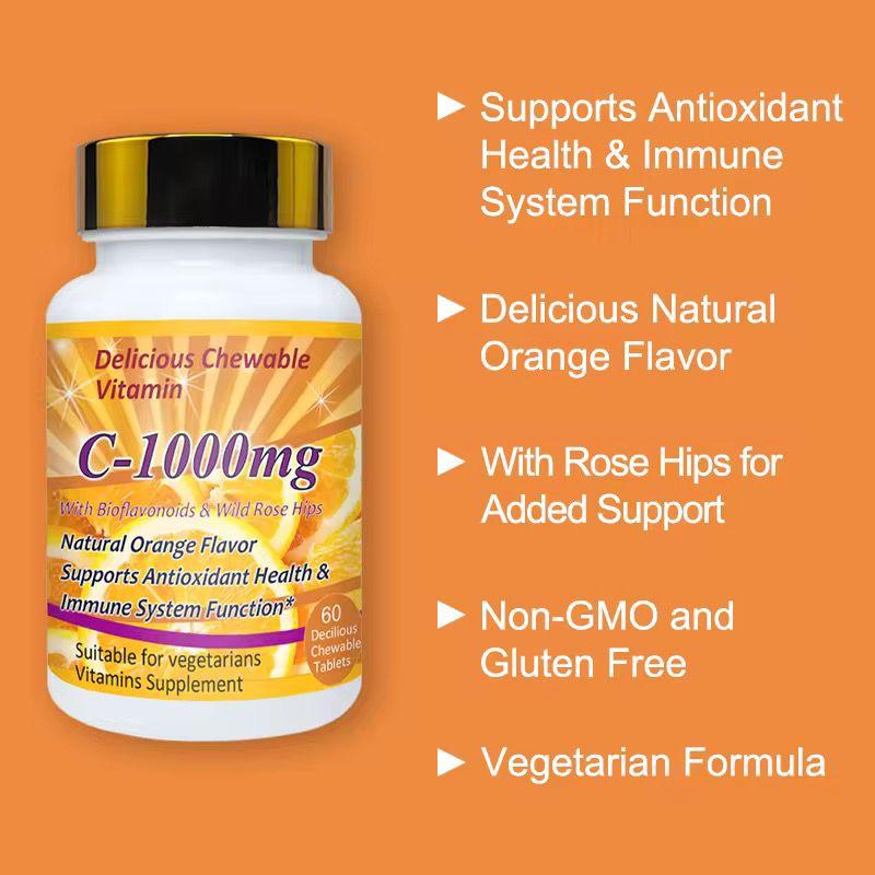 Natural Organic Ascorbic Acid Vegan Chewable Vitamin C Tablets Immune-boosting&antioxidant Tablets Vitamin C 1000mg Tablets for Skin Whitening Chewable Orange Flavor skin Whitening Tablets